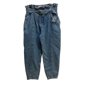 ZARA High Waisted Pleated Balloon Jeans Light Wash Denim Women's Size 6 Belted